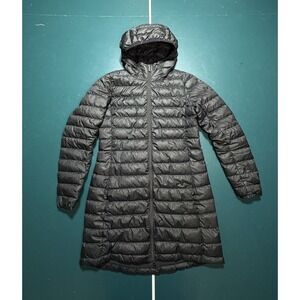 Lole Claudia Duck Down Puffer Jacket Women's Small Black Hooded Long Read FLAW*
